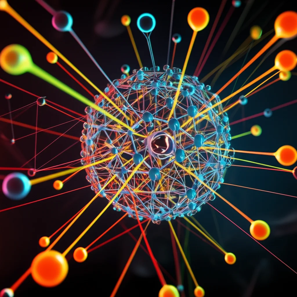 Un'immagine astratta ma fotorealistica che rappresenta il concetto di apprendimento multiscala. Sfere luminose di diverse dimensioni (che simboleggiano atomi e gruppi funzionali) interconnesse da linee di energia, con un nucleo centrale che rappresenta l'IA che elabora queste informazioni. Macro lens, 100mm, high detail, precise focusing, controlled lighting, con colori vibranti che indicano diversi tipi di dati.