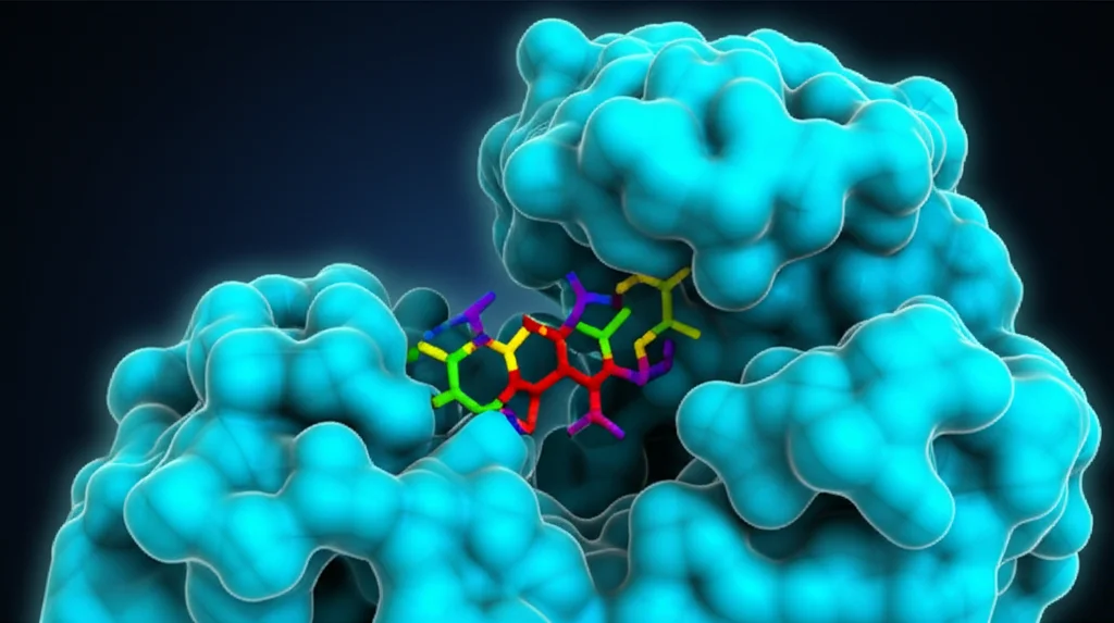 Primo piano fotorealistico di una molecola di farmaco (ligando) che si inserisce perfettamente nel sito attivo di una proteina target. Le aree chiave di interazione sulla molecola e sulla proteina sono evidenziate con un leggero bagliore. Macro lens, 85mm, high detail, precise focusing, illuminazione drammatica per enfatizzare il docking. Sfondo leggermente sfocato per concentrarsi sull'interazione.