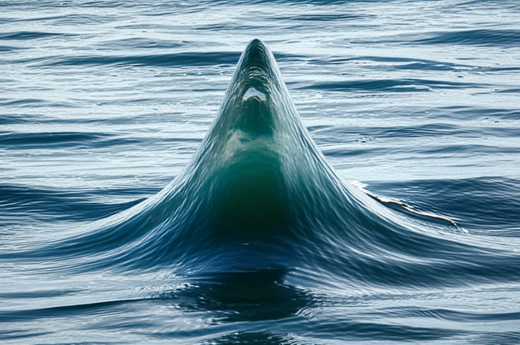 Una rappresentazione 3D di una soluzione solitonica di tipo 'pulse' per l'equazione di Sawada-Kotera frazionaria. L'onda mostra un picco acuto e localizzato. L'immagine è generata con un obiettivo teleobiettivo zoom 100-400mm, con fast shutter speed per 'congelare' il movimento dell'onda, e un tracking del movimento per mantenere il picco a fuoco. Lo sfondo è un paesaggio acquatico stilizzato.