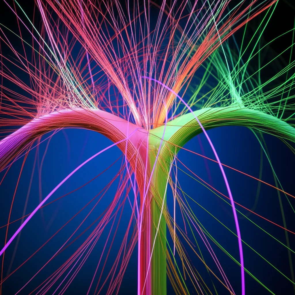 Visualizzazione astratta di fasci di fibre nervose colorate che rappresentano la connettività cerebrale, con particolare focus sul ponte e la corteccia. Macro lens, 60mm, High detail, precise focusing, controlled lighting, sfondo scuro per far risaltare i fasci.