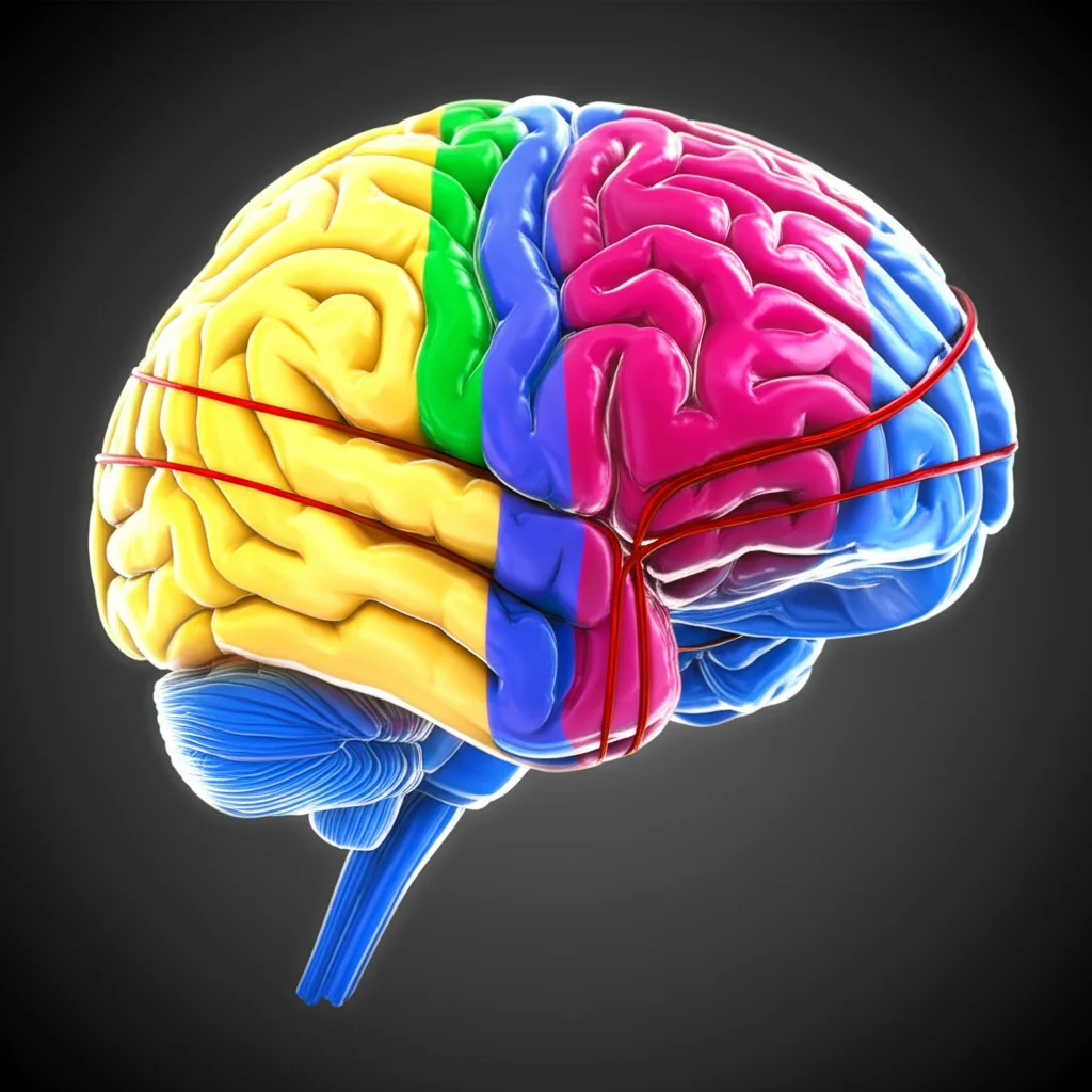 Illustrazione 3D del cervello umano che evidenzia il percorso delle fibre corticopontine dalla corteccia cerebrale al ponte, con i due gradienti (mediale-laterale e core-belt) visualizzati con colori diversi. Prime lens, 24mm, Depth of field, duotone rosso e giallo.