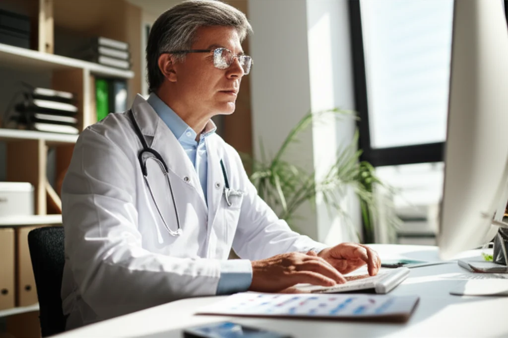 Un medico estone di mezza età, con occhiali e camice bianco, analizza grafici finanziari su un monitor in un ufficio moderno e luminoso. Obiettivo prime da 35mm, luce naturale laterale, profondità di campo che sfoca leggermente lo sfondo con librerie e piante.