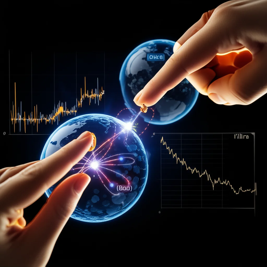 Visualizzazione artistica di due particelle quantistiche interconnesse, una manipolata da una mano (Alice) che influenza l'altra a distanza (Bob), con grafici di incertezza quantistica e classica che fluttuano intorno. Illuminazione drammatica, stile cinematografico, prime lens 35mm, depth of field.