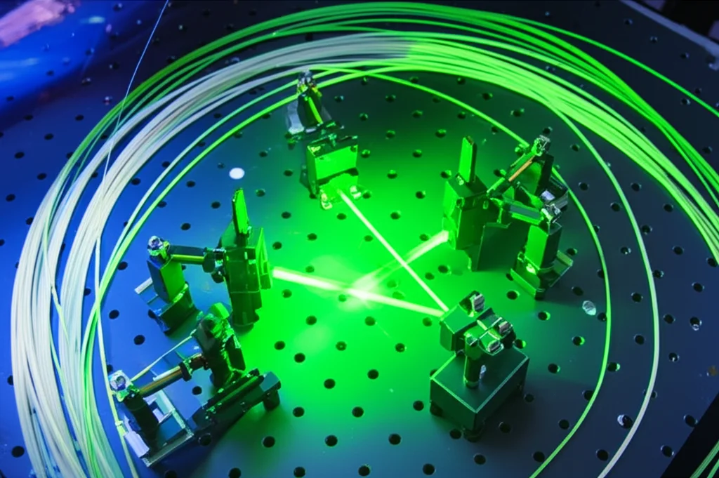 Fotografia realistica di un setup sperimentale di ottica quantistica: un laser verde o blu che colpisce cristalli BBO su un tavolo ottico, con fibre ottiche, specchi, polarizzatori e rilevatori di singoli fotoni. Macro lens 100mm, high detail, precise focusing, controlled lighting.