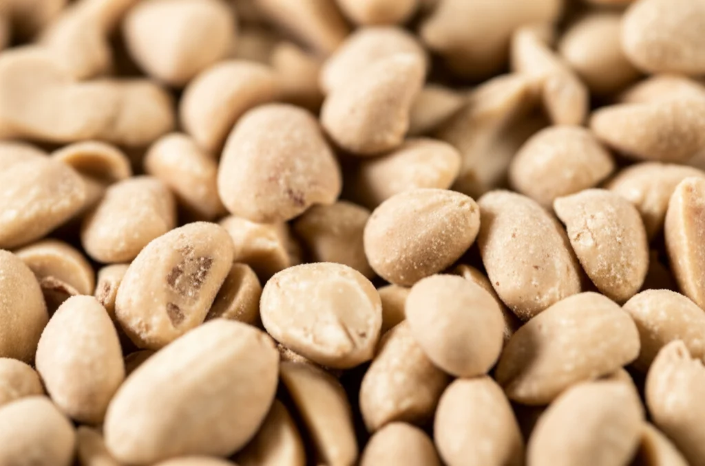 Primo piano macro di gusci di arachide frantumati di diverse granulometrie, illuminazione da studio controllata per evidenziare la texture fibrosa, obiettivo macro 100mm, alta definizione, con un leggero effetto di profondità di campo.