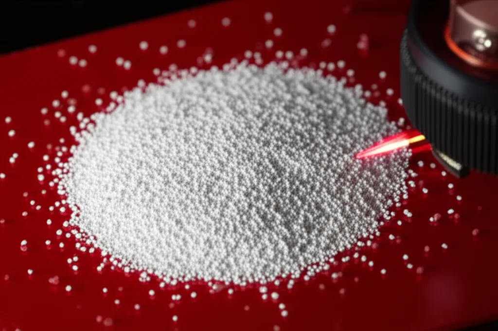 Primo piano di un letto di polvere bianca finissima di PBT in una stampante 3D PBF-LB/P, con un raggio laser CO2 di colore rosso vivo che sinterizza selettivamente una traccia sulla polvere. Illuminazione drammatica laterale, obiettivo macro da 60mm, dettaglio elevato delle singole particelle di polvere e della zona fusa e lucida lasciata dal laser. Atmosfera high-tech.
