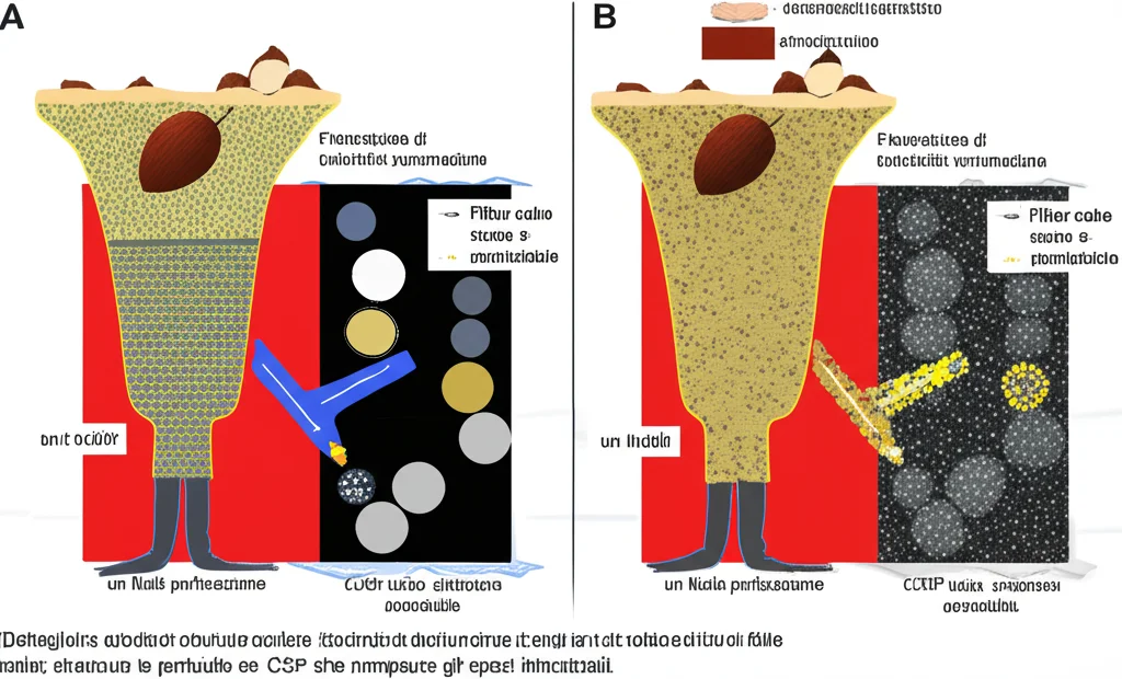 Schema grafico che illustra il meccanismo di formazione di un 'filter cake' sottile e impermeabile grazie all'aggiunta di particelle di gusci d'arachide (CSP) in un fluido di perforazione, confrontato con un filter cake più spesso e permeabile di un fluido convenzionale. Dettagli microstrutturali che mostrano le particelle di CSP che riempiono gli spazi interstiziali. Stile infografica scientifica, chiara e dettagliata.