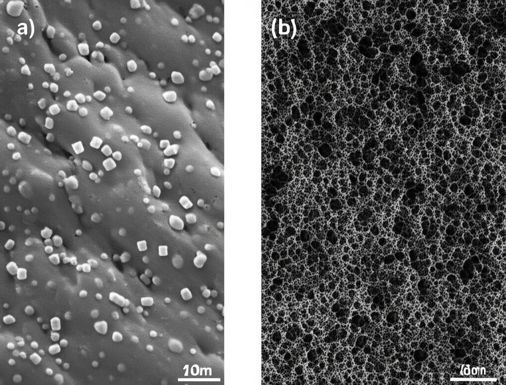 Visualizzazione scientifica 3D che mette a confronto due scenari di fusione di polvere polimerica. A sinistra, l'effetto 'balling' con gocce di PBT a bassa viscosità che si formano su un substrato scuro. A destra, una fusione più uniforme e liscia di PBT ad alta viscosità sullo stesso substrato. Illuminazione da studio, resa fotorealistica con texture dettagliate del polimero fuso e della polvere circostante, obiettivo macro 100mm.