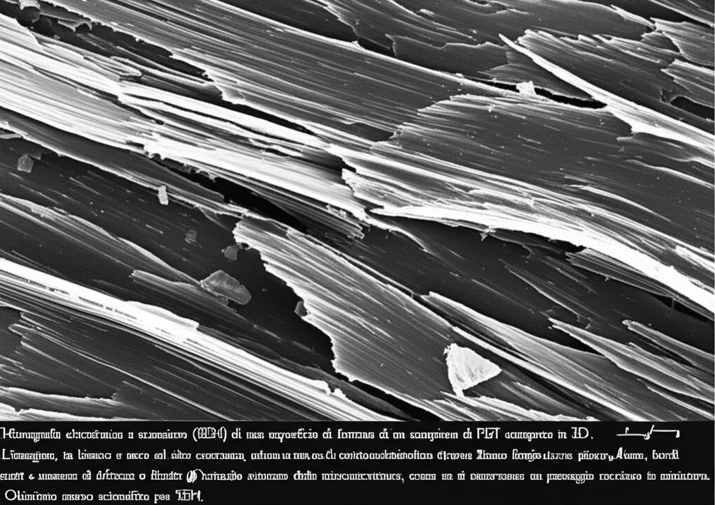 Micrografia elettronica a scansione (SEM) di una superficie di frattura di un campione di PBT stampato in 3D. L'immagine, in bianco e nero ad alto contrasto, mostra chiaramente le caratteristiche di una frattura fragile: facce piane, bordi netti e assenza di deformazione plastica o fibrille. Dettaglio estremo delle microstrutture, come se si osservasse un paesaggio roccioso in miniatura. Obiettivo macro scientifico per SEM.