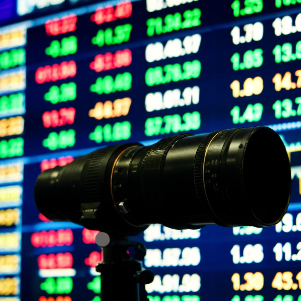 TeleotO Zoom Lens, 200 mm, catturando una tavola di ticker del mercato azionario dinamico con numeri e grafici in rapida evoluzione che indicano tendenze economiche, velocità dell'otturatore rapido, monitoraggio d'azione dei numeri in movimento.