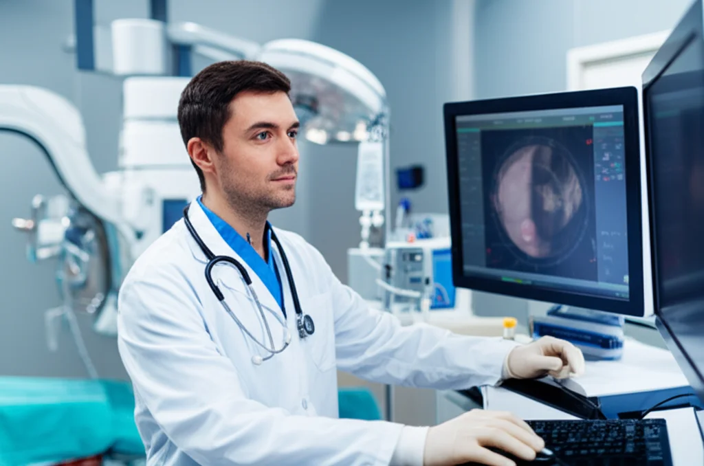 Un medico cardiologo in camice bianco osserva attentamente i grafici su un monitor di un sistema di cateterismo cardiaco in una sala operatoria moderna e luminosa. L'immagine, scattata con una lente prime da 35mm, ha una profondità di campo che mette a fuoco il monitor e le espressioni concentrate del medico, con attrezzature mediche high-tech sfocate sullo sfondo. Illuminazione controllata per un look professionale e realistico.