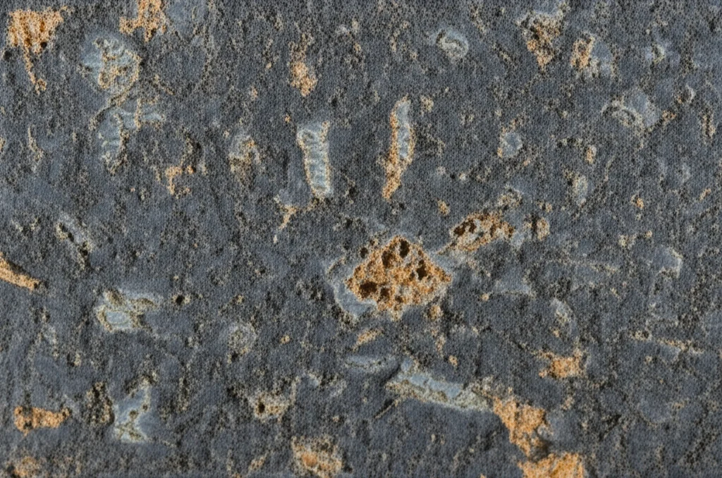 Macro fotografia di un campione di roccia madre scura del Maastrichtiano, ricca di materia organica, con dettagli di microfossili. Obiettivo macro 100mm, alta definizione, illuminazione controllata per evidenziare le texture.