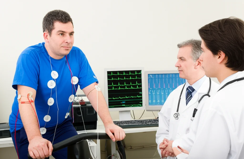 Un paziente di mezza età, vestito con abbigliamento sportivo, pedala energicamente su una cyclette ergometrica in un moderno laboratorio di fisiologia cardiovascolare. Elettrodi sono applicati al suo torace, collegati a monitor che mostrano tracciati ECG e parametri vitali. Un medico e un tecnico sanitario, entrambi in camice, lo osservano attentamente. L'immagine, catturata con un teleobiettivo zoom da 150mm, ha una velocità dell'otturatore elevata per congelare il movimento, mettendo in risalto la concentrazione del paziente e l'attenzione del personale medico. L'illuminazione è brillante e uniforme.