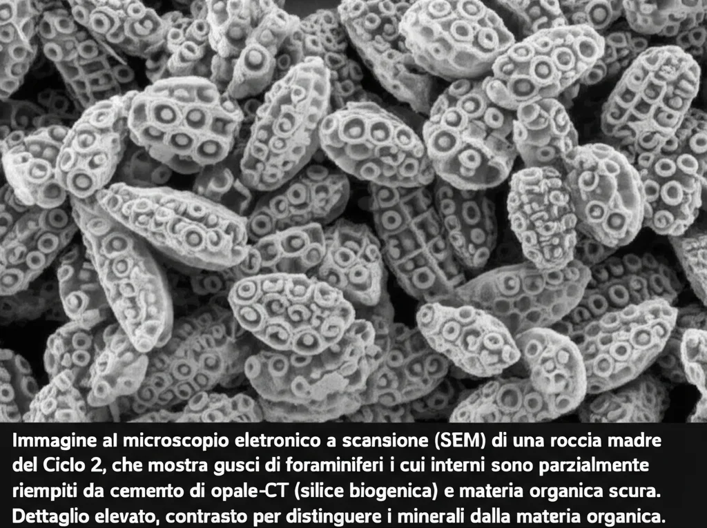 Immagine al microscopio elettronico a scansione (SEM) di una roccia madre del Ciclo 2, che mostra gusci di foraminiferi i cui interni sono parzialmente riempiti da cemento di opale-CT (silice biogenica) e materia organica scura. Dettaglio elevato, contrasto per distinguere i minerali dalla materia organica.
