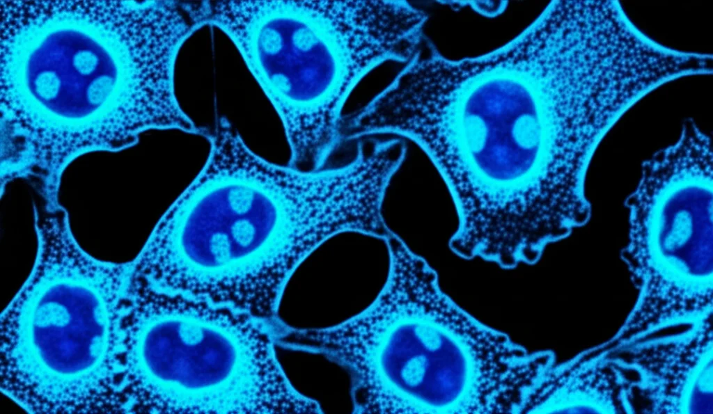 Macro fotografia di cellule endoteliali umane in coltura; alcune cellule mostrano chiari segni di senescenza (più grandi, appiattite) mentre altre appaiono giovani e proliferative. Illuminazione da laboratorio controllata, alta definizione, obiettivo macro 100mm, leggero effetto duotone blu e grigio per enfatizzare il contrasto. Sullo sfondo, una rappresentazione stilizzata e sfocata di colonie batteriche del genere Clostridium.