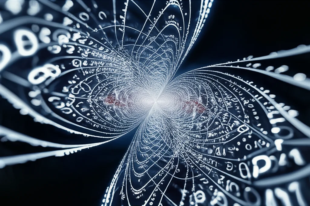 Visualizzazione astratta della dualità matematica, con due lati distinti ma interconnessi, uno complesso e l'altro più ordinato, simboli matematici stilizzati che fluttuano. Macro lens, 70mm, high detail, precise focusing, controlled lighting, duotone (blu scuro e argento).