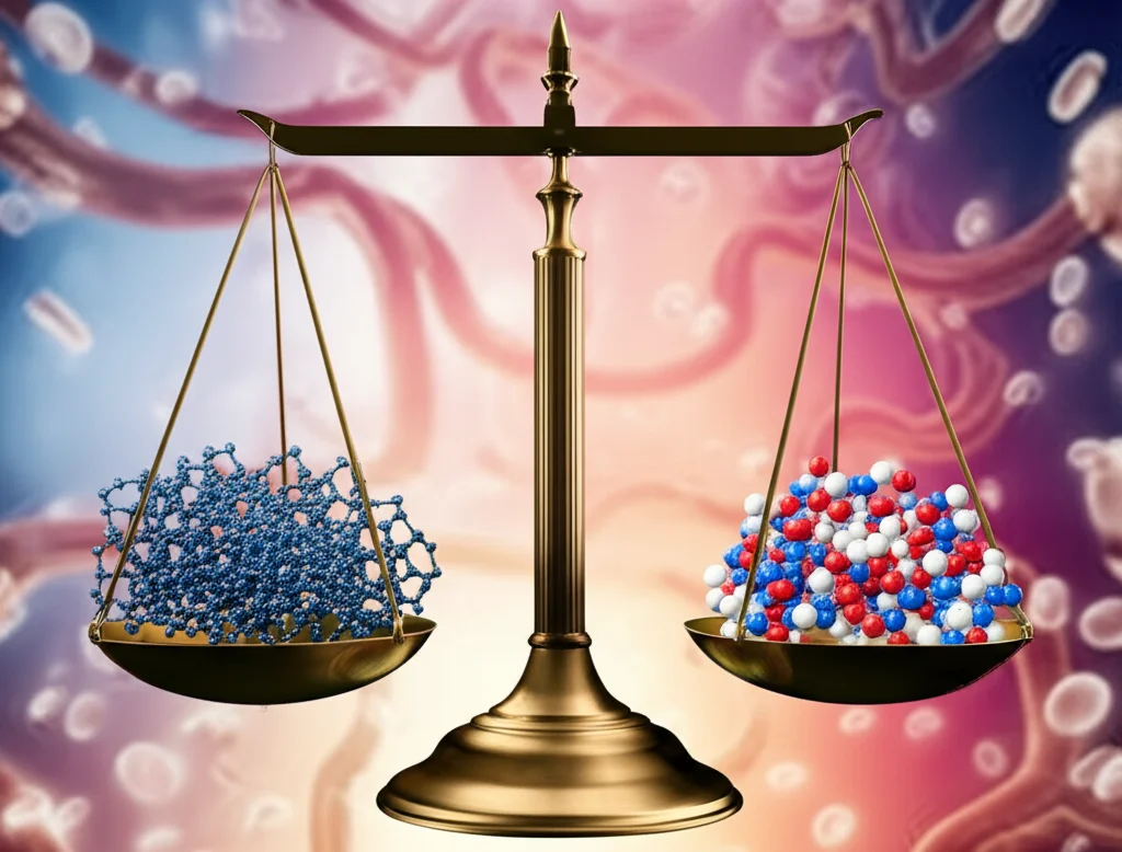 Immagine concettuale che mostra una bilancia: da un lato, molecole di PAA stilizzate con un colore scuro e minaccioso che appesantiscono il piatto; dall'altro, molecole di acetato stilizzate con un colore chiaro e benefico che cercano di equilibrare la bilancia. Sullo sfondo, una rappresentazione artistica di vasi sanguigni sani e invecchiati. Obiettivo prime, 35mm, profondità di campo per mettere a fuoco la bilancia.