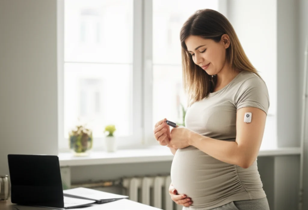 Donna incinta sorridente che applica un sensore FSL-CGM sul braccio in un ambiente domestico luminoso. Obiettivo da ritratto 35mm, profondità di campo per evidenziare il sensore e l'espressione serena, luce naturale da finestra.