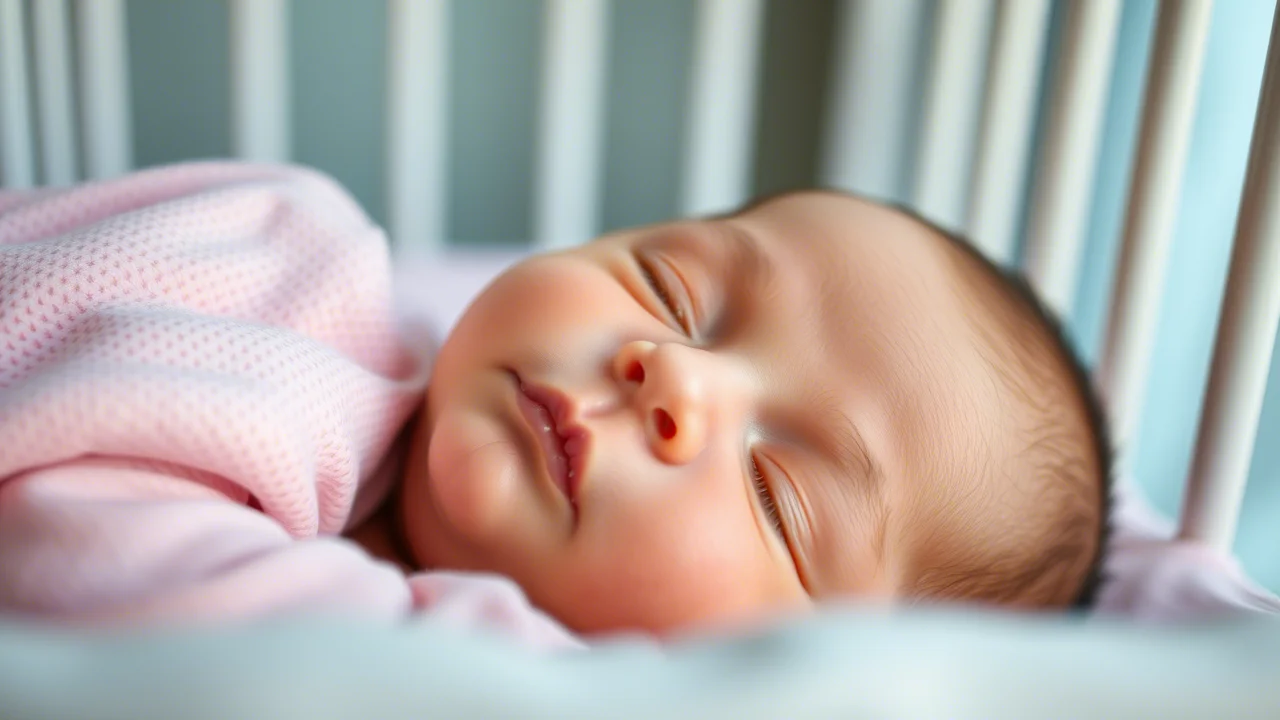 Primo piano di un neonato che dorme serenamente in una culla, simbolo di salute. Illuminazione soffusa e calda, obiettivo macro 60mm per catturare dettagli delicati, focus preciso sul viso del bambino.