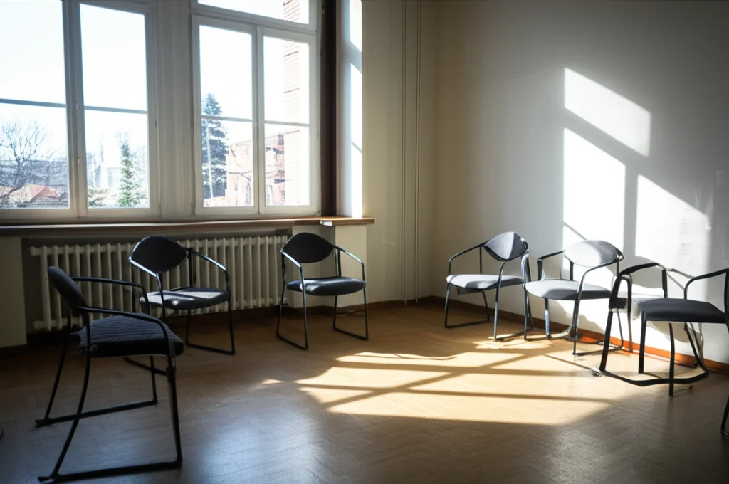 Un ambiente terapeutico sereno e accogliente, una stanza per la terapia di gruppo con sedie disposte in cerchio, luce naturale soffusa che entra da una finestra. L'atmosfera trasmette sicurezza e calma. Macro lens, 60mm, high detail, controlled lighting.