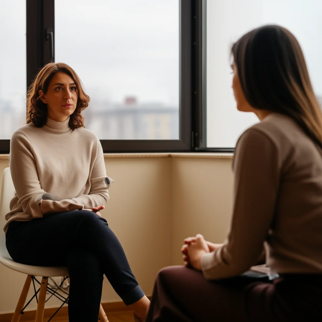 Due persone, una terapeuta e una paziente, sedute una di fronte all'altra in uno studio accogliente. La terapeuta ascolta con empatia, la paziente appare riflessiva ma non angosciata. Prime lens, 35mm, depth of field, toni caldi e rassicuranti.