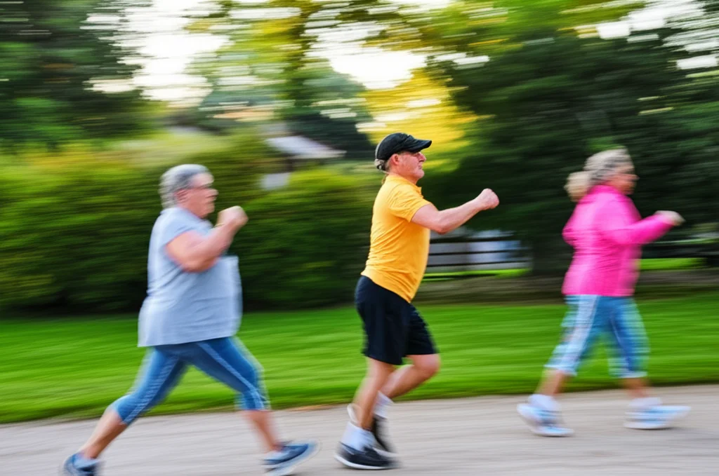 Persone di mezza età e anziane che fanno attività fisica all'aperto in un parco soleggiato, simboleggiando l'importanza dello stile di vita e dell'esposizione solare per la vitamina D. Telephoto zoom, 100mm, fast shutter speed, action tracking, colori vivaci e naturali.
