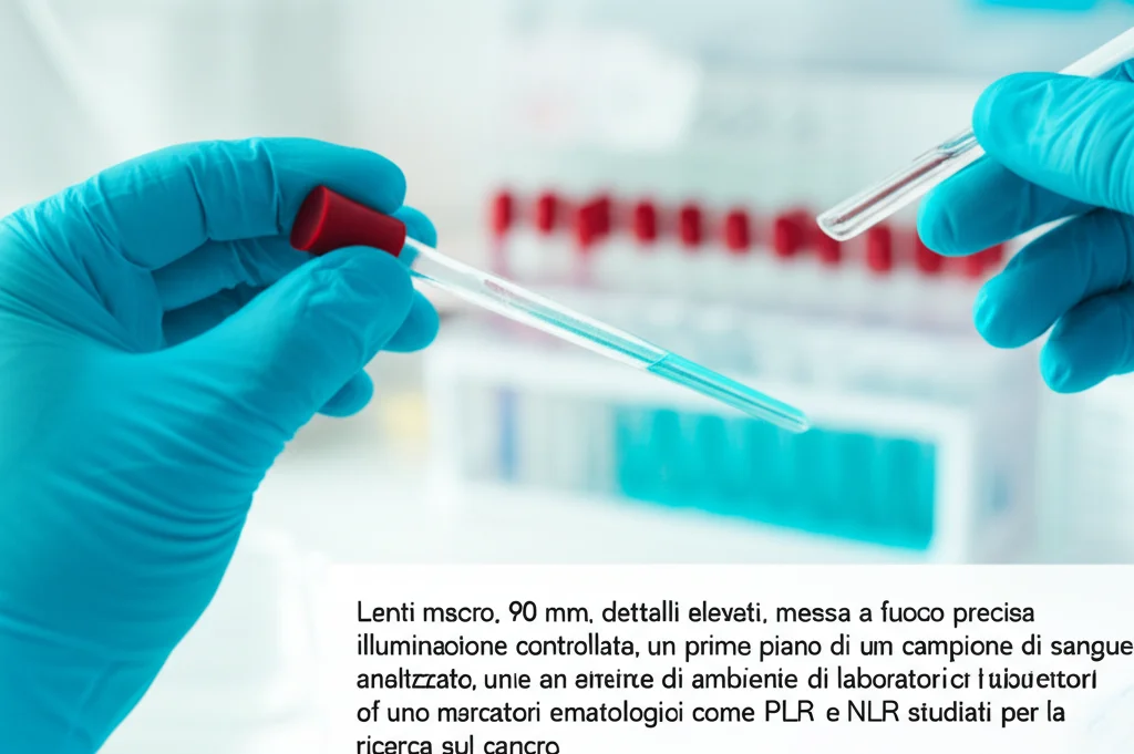 Lenti macro, 90 mm, dettagli elevati, messa a fuoco precisa, illuminazione controllata, un primo piano di un tubo di campione di sangue analizzato in un ambiente di laboratorio moderno, con le mani guarite di uno scienziato visibili, che trasmettono l'idea di marcatori ematologici come PLR e NLR studiati per la ricerca sul cancro.