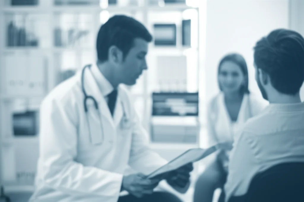 Lence Prime, 35 mm, profondità di campo, duotone (blu e grigio), un oncologo compassionevole che discute i risultati della scansione con un paziente in una sala di consultazione calma, con un background sfocato che mostra grafici medici, che rappresentano le implicazioni cliniche dell'identificazione di fattori di rischio come LVI e PNI.