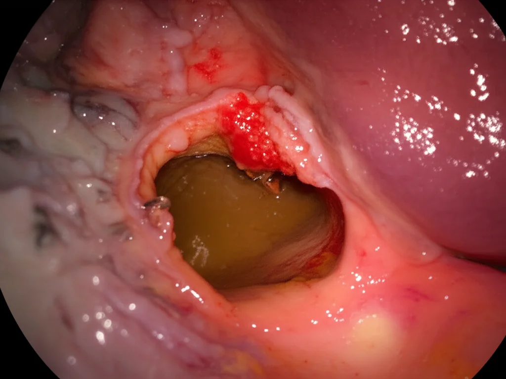 Immagine macro ad alta definizione di una cistifellea umana perforata durante un intervento chirurgico, con illuminazione da sala operatoria che evidenzia la lesione e la bile circostante, obiettivo macro 90mm, alta precisione dei dettagli del tessuto danneggiato.