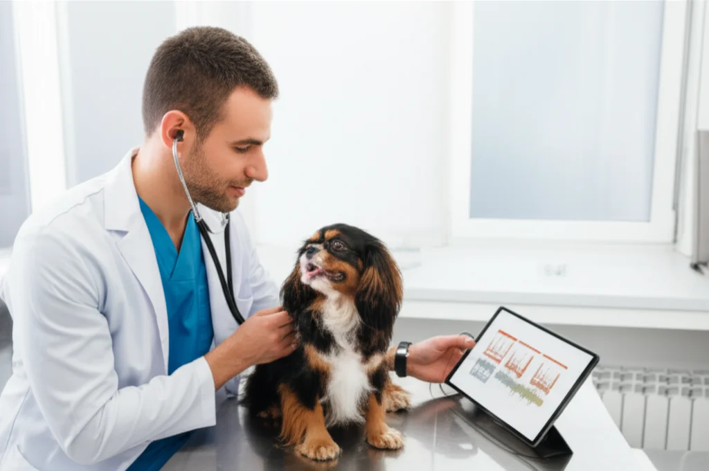 Veterinario sorridente che ausculta un cane di piccola taglia, come un Cavalier King Charles, con uno stetoscopio digitale collegato a un tablet che mostra forme d'onda sonore. L'ambiente è un ambulatorio veterinario moderno e ben illuminato. Obiettivo prime, 35mm, profondità di campo per mettere a fuoco il cane e il veterinario, luce naturale dalla finestra.