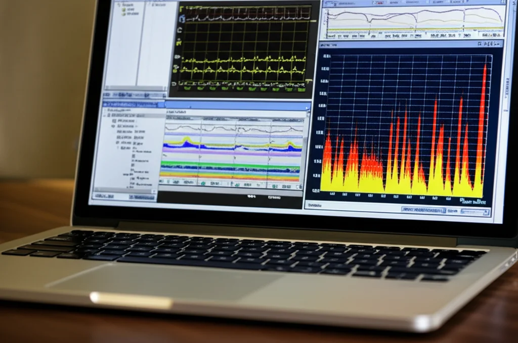 Schermata di un software di analisi audio su un laptop, visualizzante un fonocardiogramma (PCG) con picchi S1 e S2 e un soffio sistolico. Accanto, grafici colorati rappresentano lo spettrogramma del suono. Obiettivo macro, 60mm, alta definizione, illuminazione controllata per evitare riflessi sullo schermo.