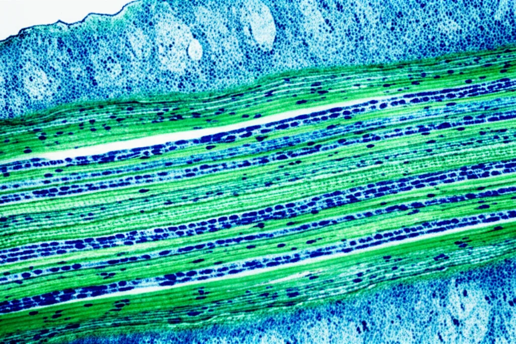 Macro fotografia di una sezione trasversale di un nervo sciatico di ratto, con fibre nervose e guaine mieliniche visibili. Illuminazione da microscopio a fluorescenza che evidenzia le cellule di Schwann (magari marcate in verde) e i nuclei cellulari (magari in blu). Obiettivo macro 100mm, alta risoluzione per dettagli cellulari.