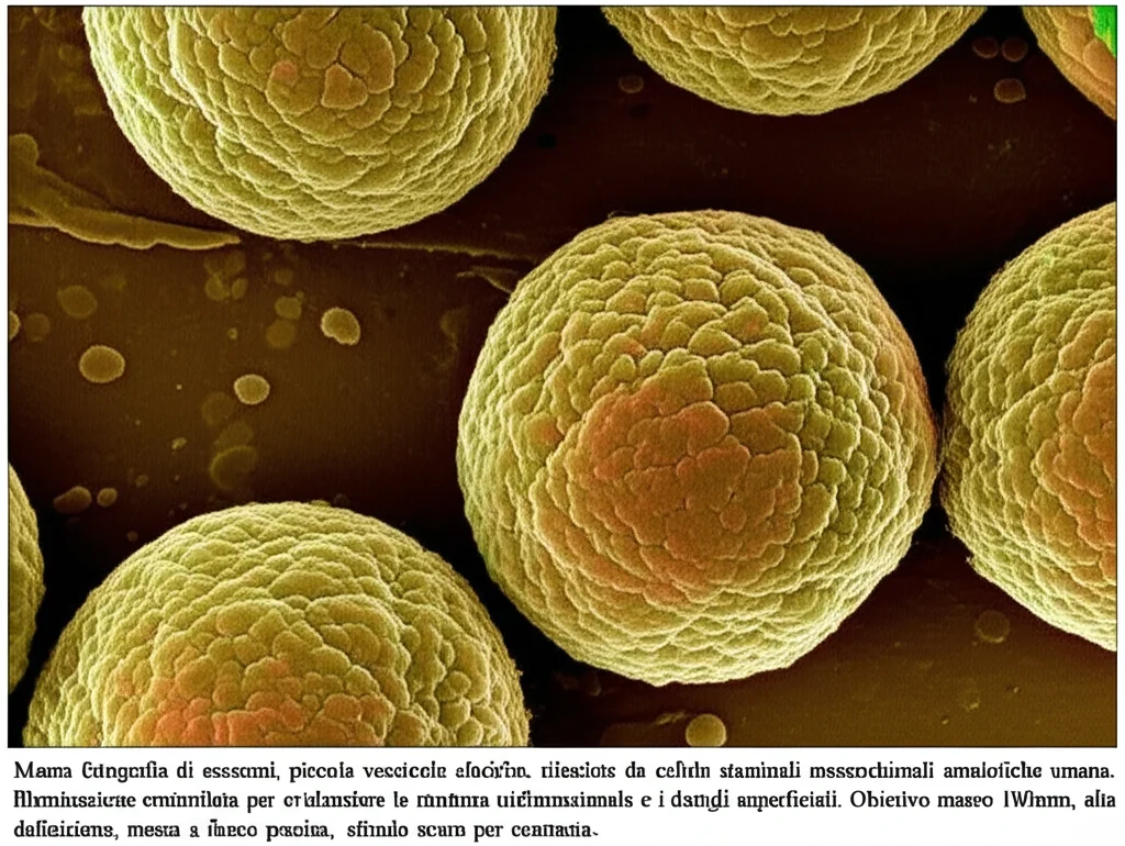 Macro fotografia di esosomi, piccole vescicole sferiche, rilasciate da cellule staminali mesenchimali amniotiche umane. Illuminazione controllata per evidenziare la struttura tridimensionale e i dettagli superficiali. Obiettivo macro 100mm, alta definizione, messa a fuoco precisa, sfondo scuro per contrasto.