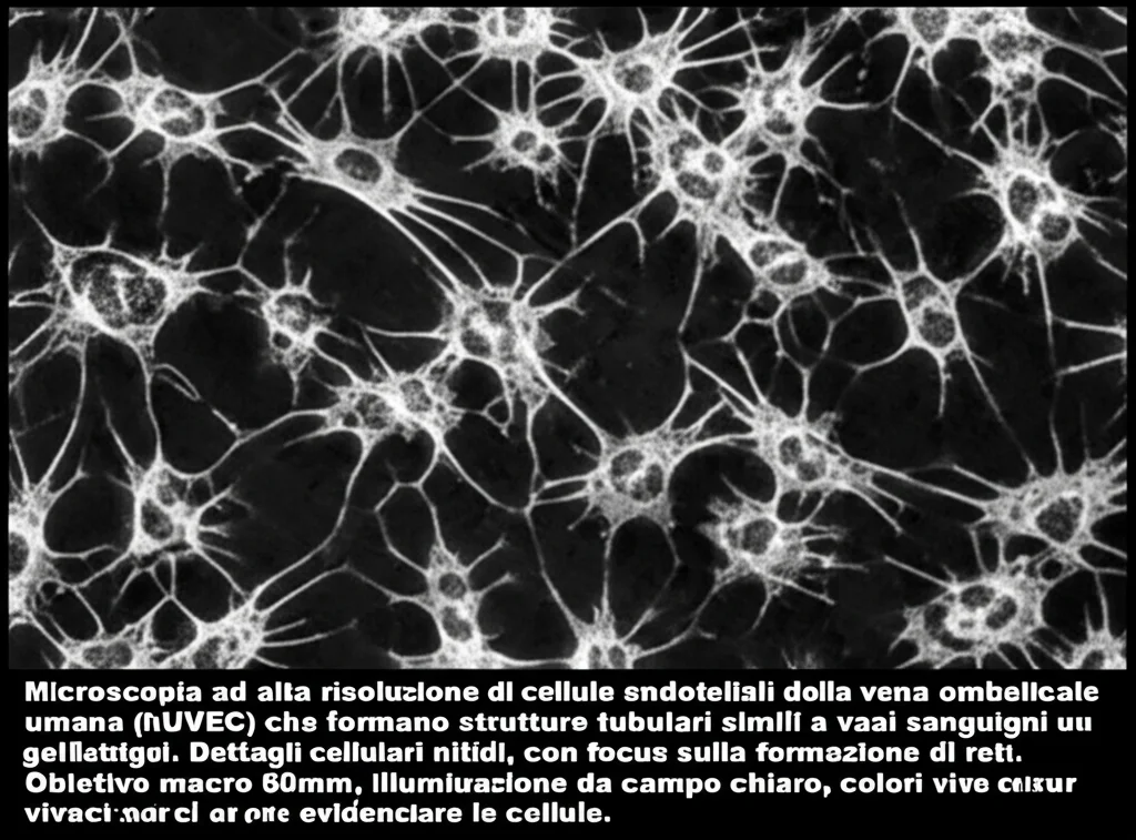 Microscopia ad alta risoluzione di cellule endoteliali della vena ombelicale umana (hUVEC) che formano strutture tubulari simili a vasi sanguigni su un gel Matrigel. Dettagli cellulari nitidi, con focus sulla formazione di reti. Obiettivo macro 60mm, illuminazione da campo chiaro, colori vivaci per evidenziare le cellule.