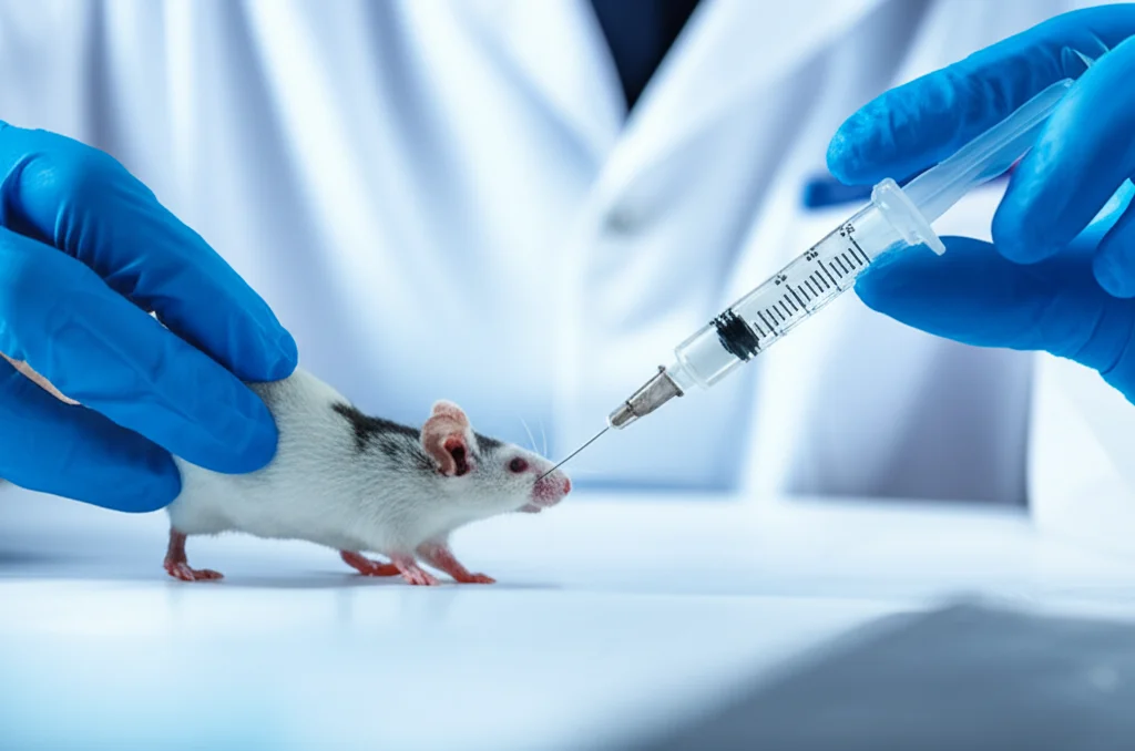 Telephoto zoom, 150mm, fast shutter speed, immagine di un ricercatore in camice bianco che inietta con precisione una soluzione in un topolino da laboratorio in un ambiente sterile, action tracking, luce da laboratorio chiara e definita.