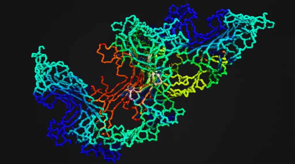Visualizzazione 3D fotorealistica di una molecola di chinazolina che si lega al sito attivo del recettore VEGFR-2. Residui amminoacidici chiave evidenziati in colori contrastanti, legami idrogeno mostrati come linee tratteggiate luminose. Sfondo scuro per far risaltare le molecole. Stile da illustrazione scientifica di alta qualità, illuminazione da studio controllata, obiettivo macro da 100mm per un dettaglio estremo sull'interazione.