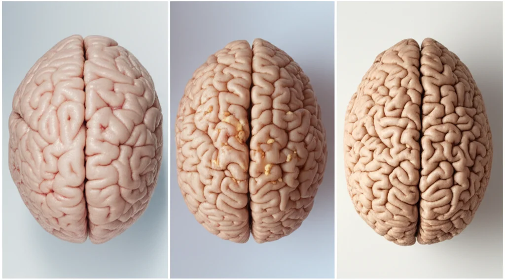 Immagine concettuale di tre cervelli affiancati: uno sano, uno con Alzheimer (con placche visibili stilizzate) e uno con Parkinson (con aree dopaminergiche stilizzate meno attive), illuminazione controllata, obiettivo macro da 90mm per evidenziare i dettagli.