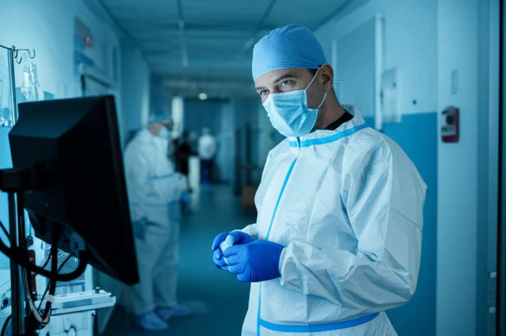 Un medico in un reparto COVID-19, con indosso DPI completi, guarda con espressione stanca ma determinata un monitor di parametri vitali. Luce fredda ospedaliera, obiettivo prime 35mm, profondità di campo che sfoca leggermente lo sfondo del corridoio affollato, per enfatizzare l'isolamento e la concentrazione del soggetto.