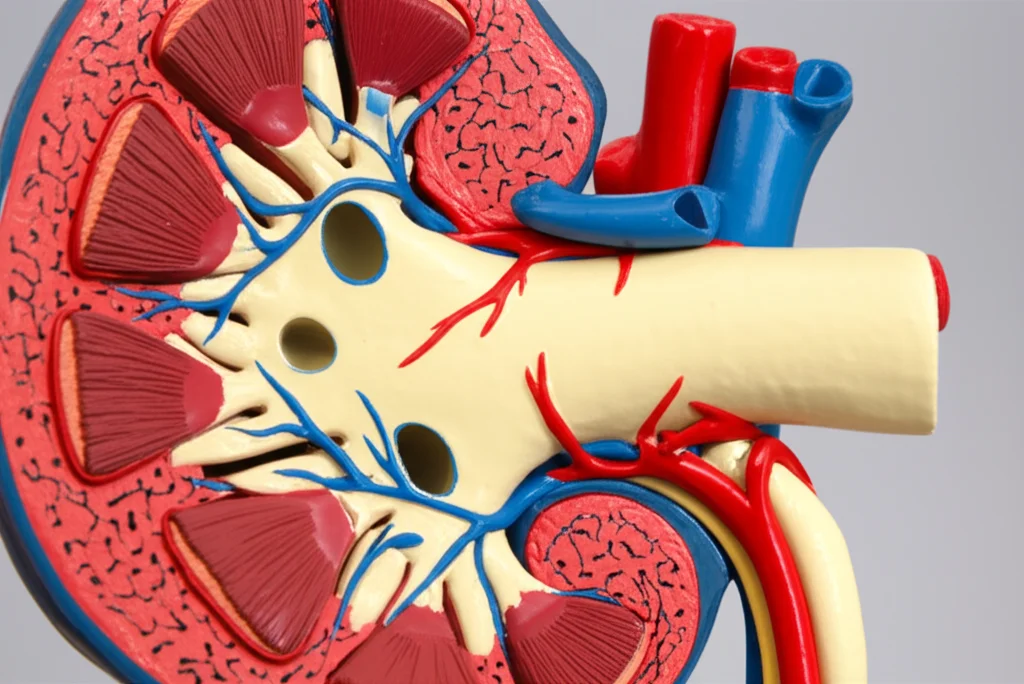 Lenti macro, 80 mm, dettagli elevati, illuminazione controllata, un primo piano di un modello di ghiandola surrenale umana con strutture anatomiche circostanti come il rene e i principali vasi sanguigni, sottolineando la sua vascolarizzazione e posizione. Il modello dovrebbe essere altamente dettagliato e anatomicamente corretto.