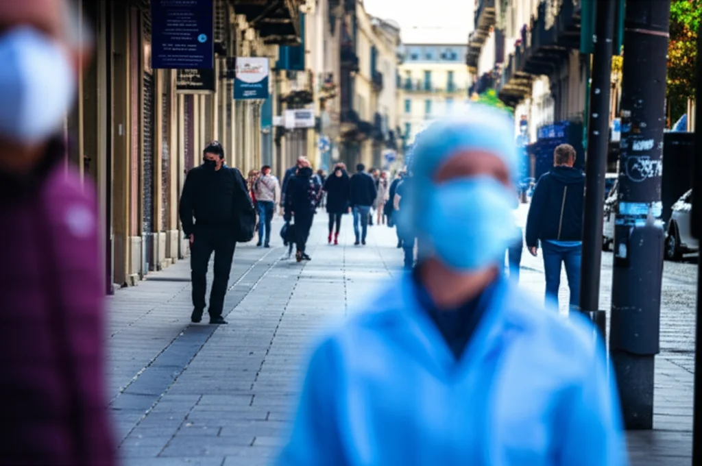 Una scena di strada in una città durante la pandemia, con persone che indossano mascherine in modo errato o non le indossano affatto, mentre un operatore sanitario sullo sfondo sembra osservare con preoccupazione. Obiettivo zoom 28-75mm a circa 40mm, luce diurna, colori vividi ma con un leggero contrasto per evidenziare la tensione, tracciamento del movimento per catturare la dinamicità della scena.