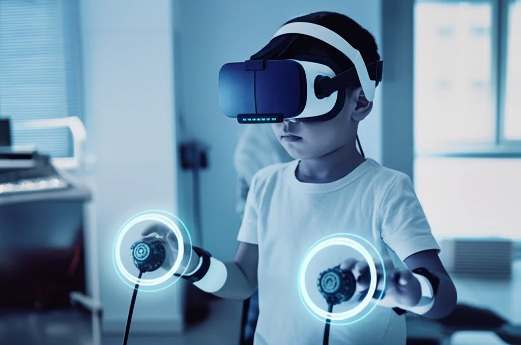 Bambino con visore VR e sensori di movimento sulle mani interagisce con un exergame proiettato su un grande schermo in un ambiente clinico luminoso. L'immagine è un ritratto a 35mm, con un effetto duotone blu e grigio per un'atmosfera tecnologica e pulita, con profondità di campo che sfoca leggermente lo sfondo per concentrarsi sul bambino.