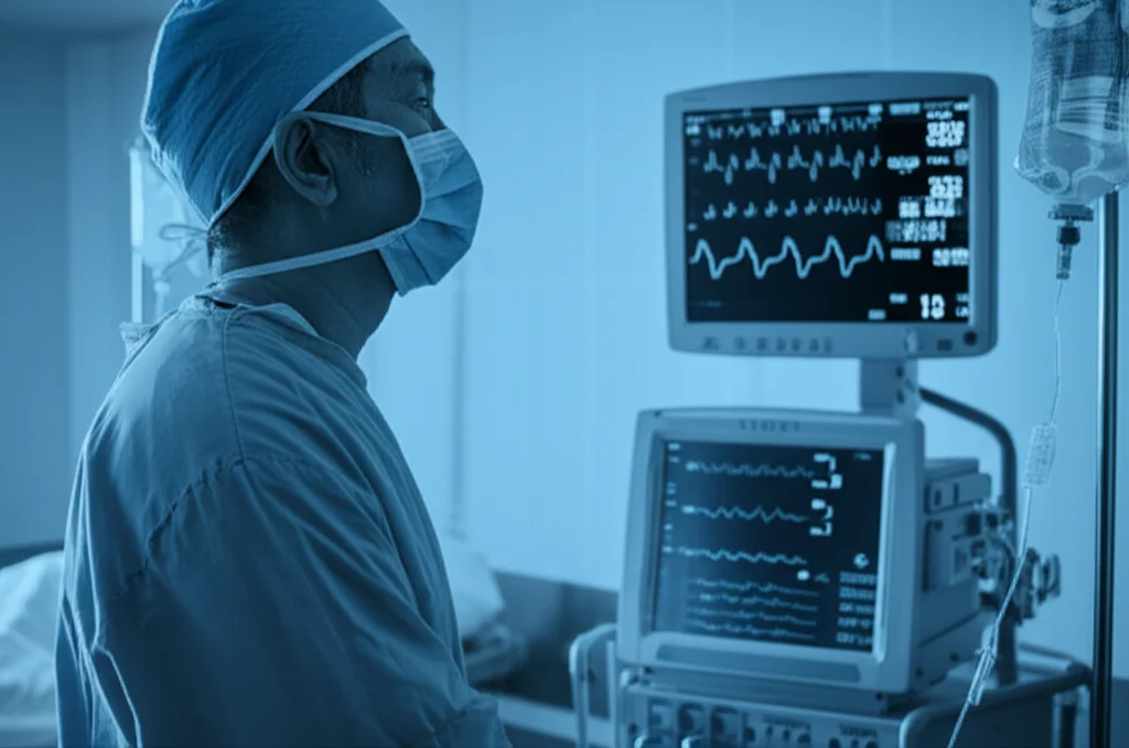 Prime Lens, 35 mm, profondità di campo, duotone (blu e grigio), un medico in scrub che guardano pensieroso il monitor dei segni vitali di un paziente in un'ICU scarsamente illuminata. Il monitor mostra le letture fluttuanti della pressione sanguigna, trasmettendo preoccupazione e la sfida di gestire l'ipotensione postoperatoria.