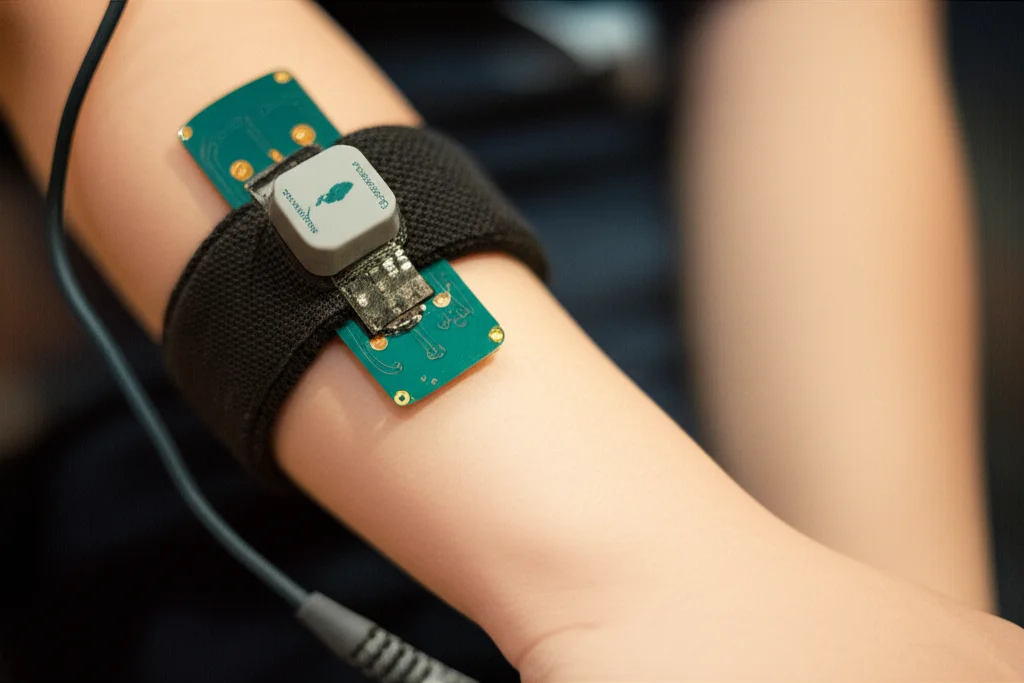 Dettaglio di un sensore di movimento IMU indossato sul braccio di un bambino durante una sessione di riabilitazione VR. L'immagine è una macro a 100mm, con alta definizione e illuminazione precisa per evidenziare la tecnologia del biosensore e la sua integrazione con il corpo del paziente.