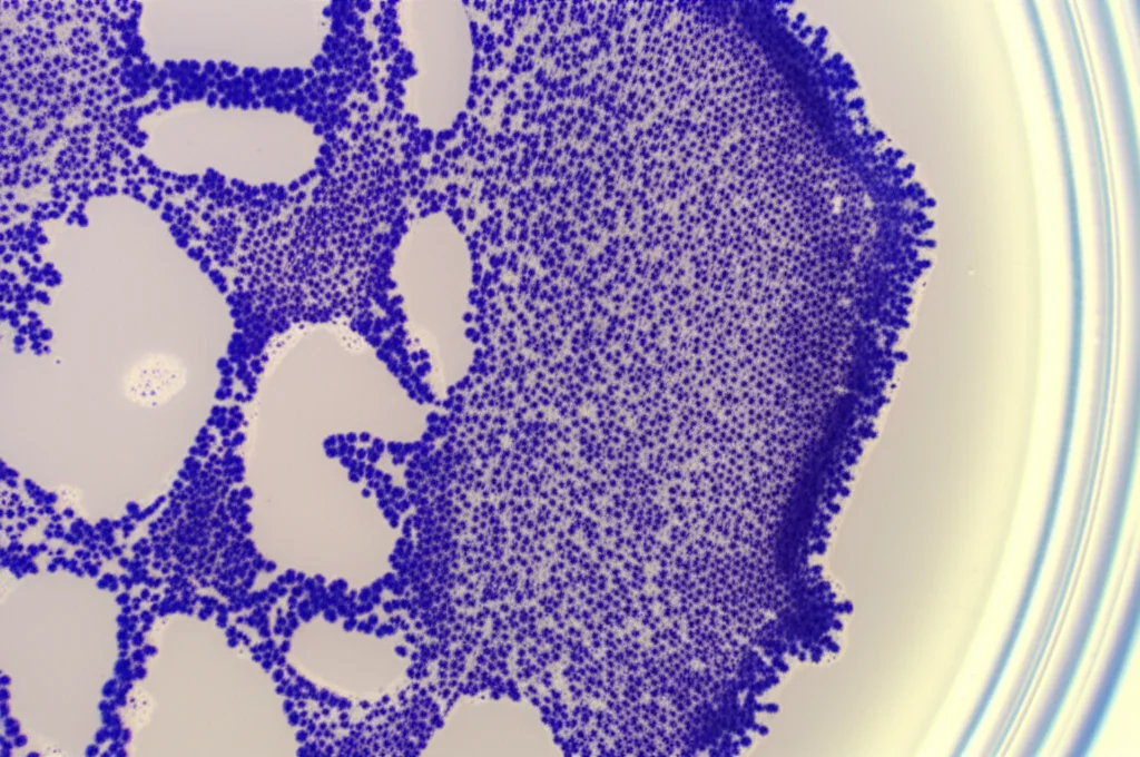 Immagine macro di cellule di mesotelioma pleurico in coltura in una piastra di Petri, visualizzate con un obiettivo da 100mm, illuminazione controllata per evidenziare i dettagli morfologici, alta definizione, focus preciso sulle colonie cellulari.