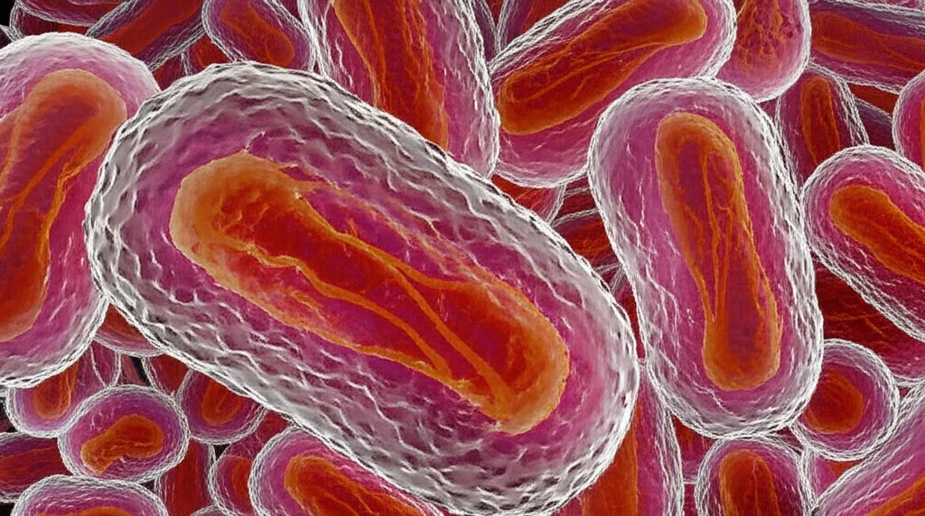 Visualizzazione 3D di mitocondri all'interno di una cellula, con focus sulla membrana mitocondriale, alcuni mitocondri mostrano segni di destabilizzazione, illuminazione scientifica precisa, obiettivo macro 60mm, alta risoluzione per dettagli subcellulari.