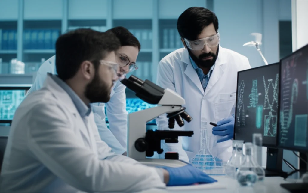 Un team di scienziati in un laboratorio moderno, con microscopi e schermi che mostrano dati genetici complessi, intenti a discutere. Luce controllata, focus preciso sui volti concentrati e sulle attrezzature. Obiettivo prime, 35mm, atmosfera di ricerca intensa ma collaborativa, duotone blu e grigio.