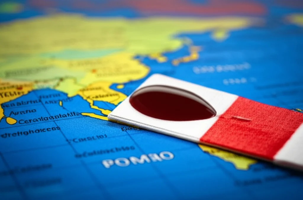 Una mappa del mondo stilizzata con diverse aree illuminate in modo diverso a simboleggiare le variazioni di prevalenza della malattia di Pompe. In primo piano, una goccia di sangue su un cartoncino per lo screening neonatale (DBS). Obiettivo macro, 60mm, alta definizione sulla goccia di sangue, sfondo della mappa leggermente sfocato (depth of field), luce controllata.