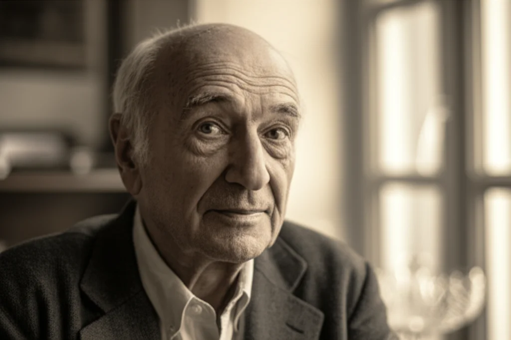 Un ritratto fotografico di un uomo anziano, dall'espressione pensierosa ma serena, in un ambiente domestico luminoso e accogliente. Obiettivo da ritratto 35mm, luce naturale soffusa che entra da una finestra, leggero effetto duotone seppia e grigio per un tocco di calore e profondità.