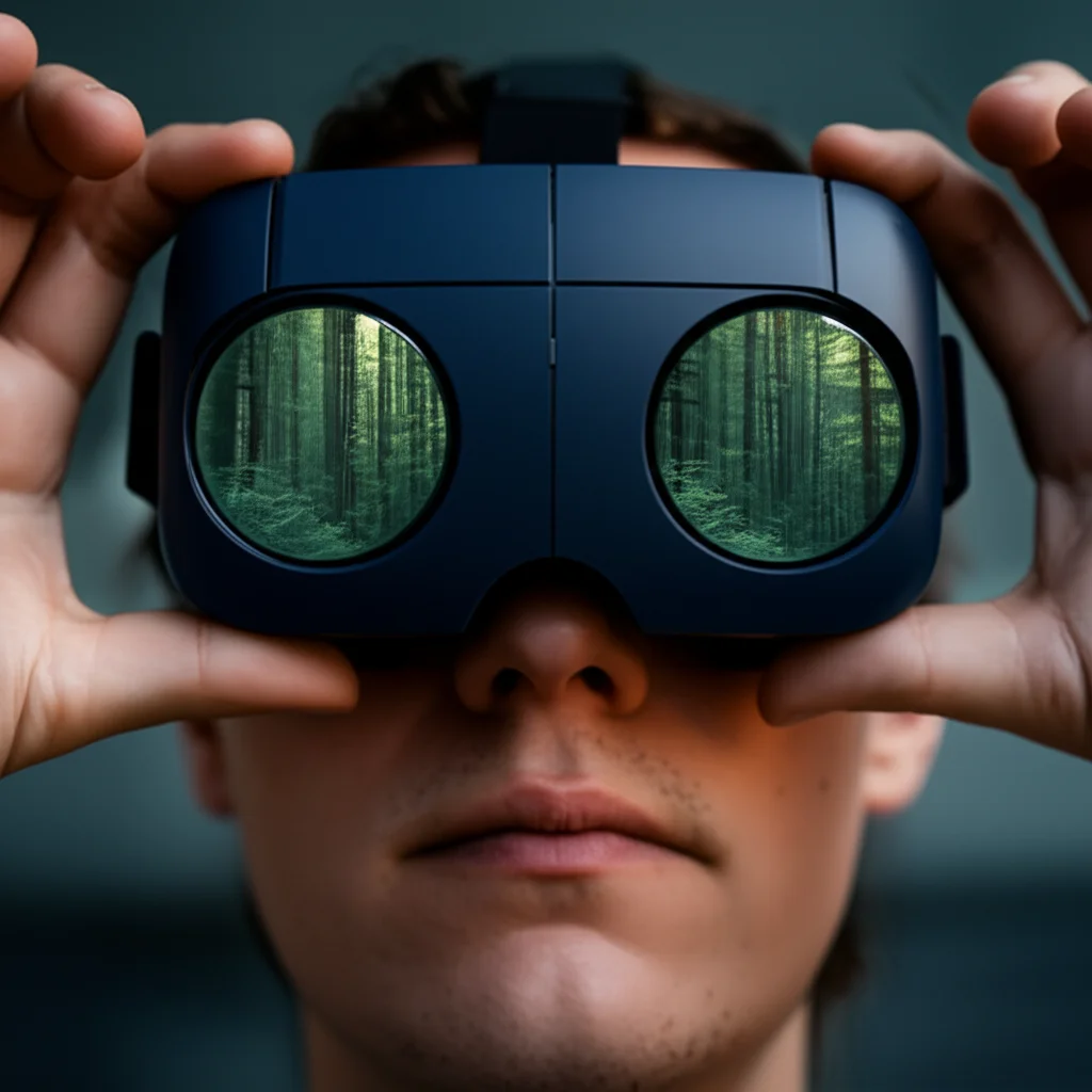 Primo piano di un visore VR indossato da una persona, con il riflesso di una scena naturale vivida (foresta o spiaggia) sulle lenti; obiettivo prime da 35mm, profondità di campo per mettere a fuoco il visore e sfocare leggermente lo sfondo della stanza, illuminazione ambientale soffusa.