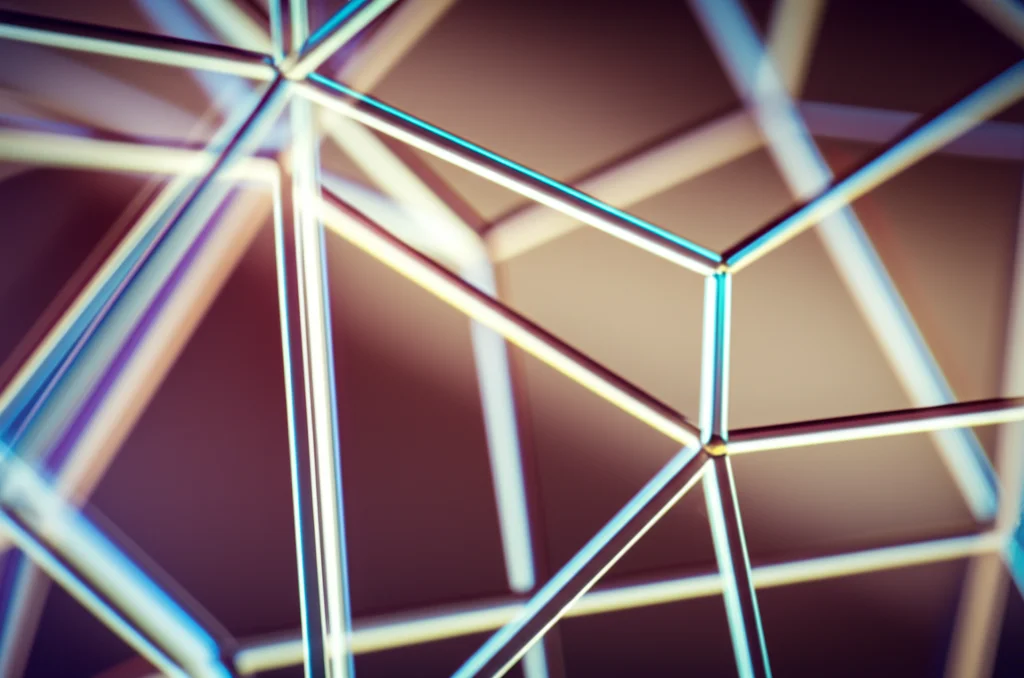 Visualizzazione astratta di una varietà abeliana complessa che si scompone in sottocomponenti più semplici, con linee luminose e forme geometriche interconnesse. Macro lens, 60mm, high detail, precise focusing, controlled lighting, quasi-cristallina, con colori tenui e profondità di campo ridotta per enfatizzare la struttura interna.